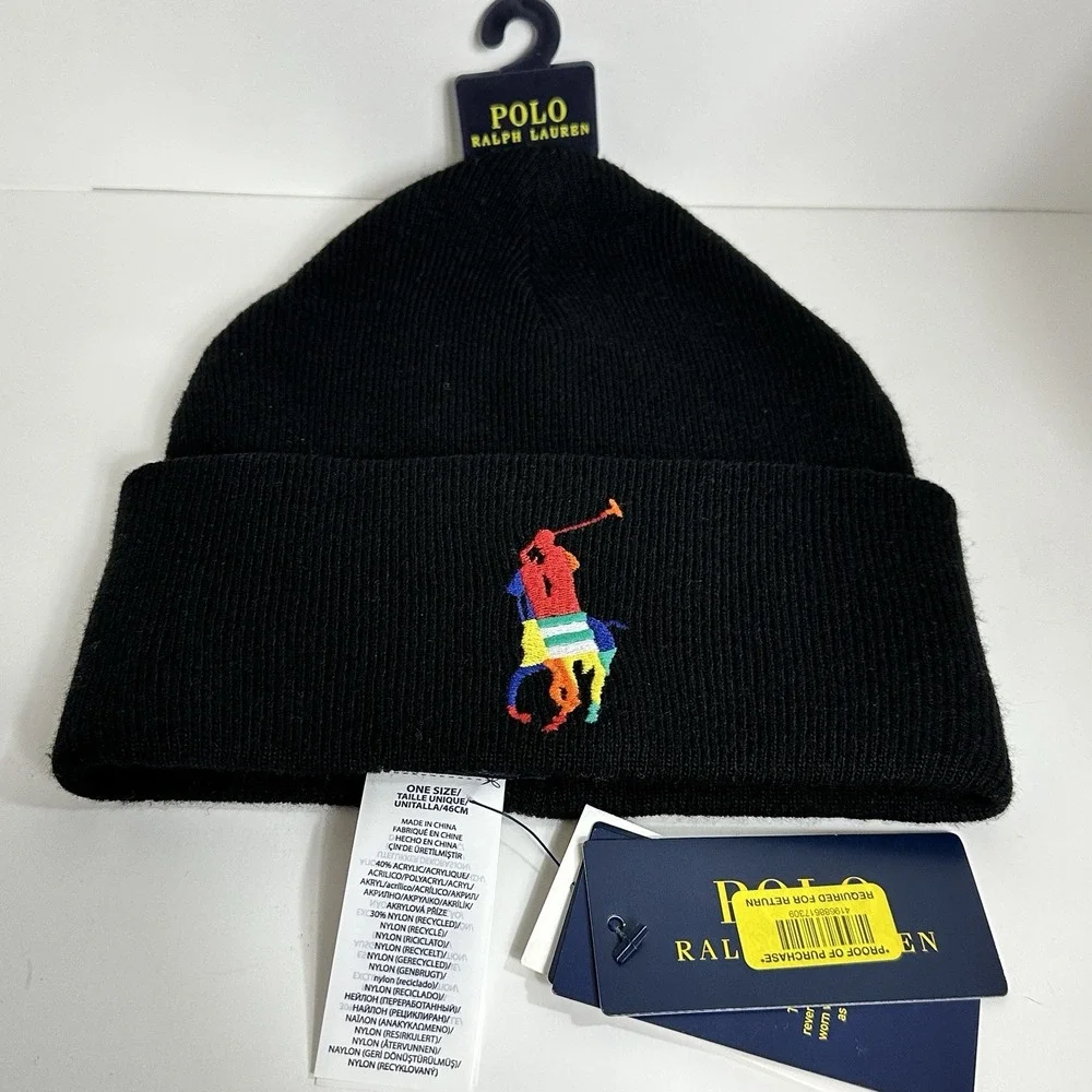 Polo Ralph Lauren Reversible Big Pony Knit Beanie Black Ski Hat Cap One Size NEW